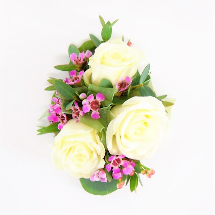 White Rose Wrist Corsage with Green &amp;amp; Lavender Accents