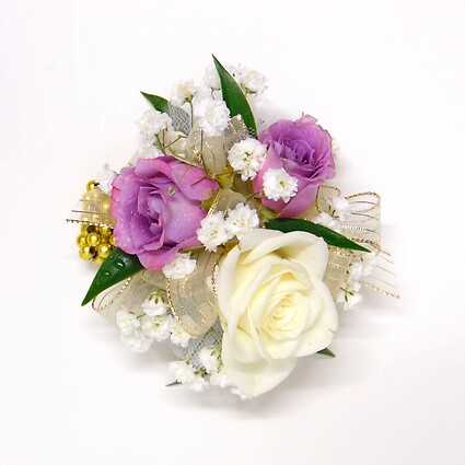 Lavender &amp;amp; White Rose Wrist Corsage-Gold Accents