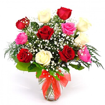 1 Dozen Red, Pink &amp; White Roses Arranged-Long Stemmed