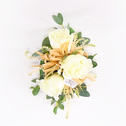 White Spray Rose Raffia Wrist Corsage