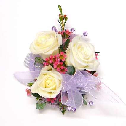 White Rose Wrist Corsage-Lavender Accents