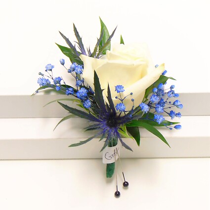 White Rose Boutonniere, Navy Blue Accents