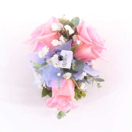 Pink Rose Wrist Corsage with Perwinkle Accent