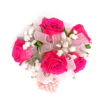 Five Hot Pink Spray Rose Corsage-Beaded Wristlet